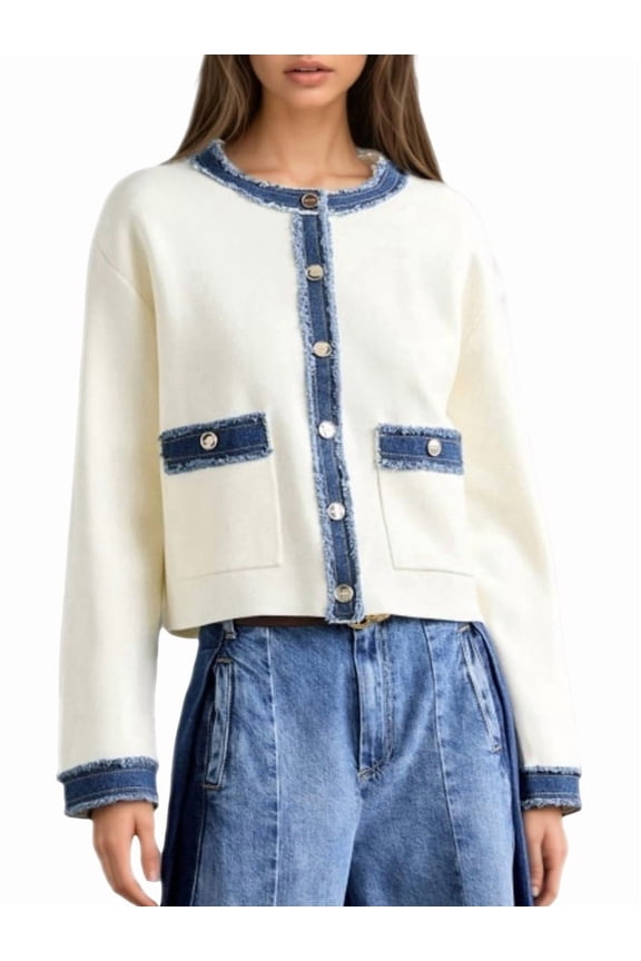 Women'S Patchwork Denim Pocket Cardigan Fall Winter Outerwear Long Sleeve Button Down Chunky Knit Sweaters Coats White M