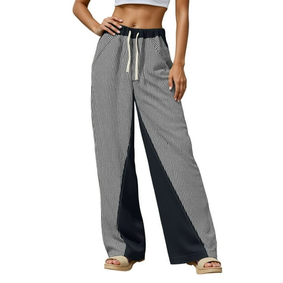 Women'S Patchwork Graphic Pant Colorblock High Waisted Straight Leg Boho Pants Navy S