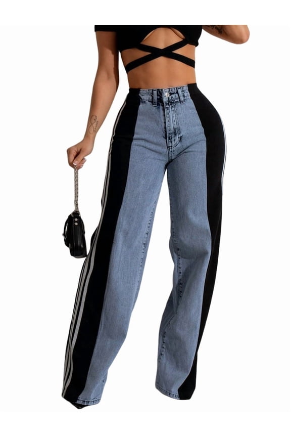 Women'S Patchwork High Waist Wide Leg Jeans Color Block Denim Straight Leg Trendy Trousers Blue & Black XXL