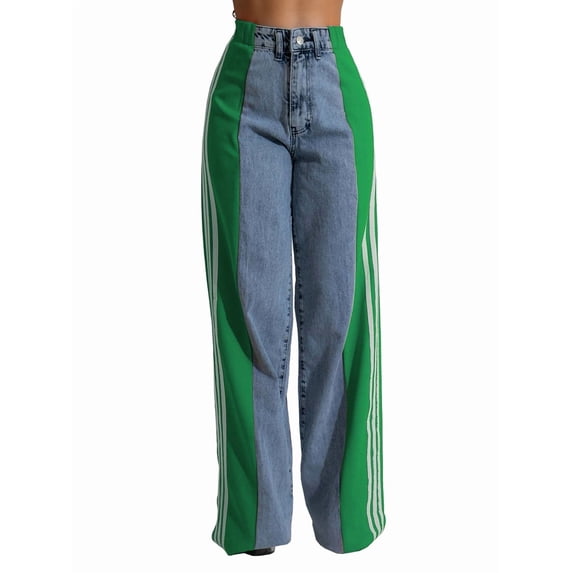 Women'S Patchwork High Waist Wide Leg Jeans Color Block Denim Straight Leg Trendy Trousers Blue Denim & Green M