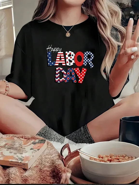 Women'S Patriotic Graphic T-Shirt - Happy Labor Day Design With American Flag Elements, Casual Crew Neck Short Sleeve Top, Perfect For Summer & Spring, Black With Colorful Print, C