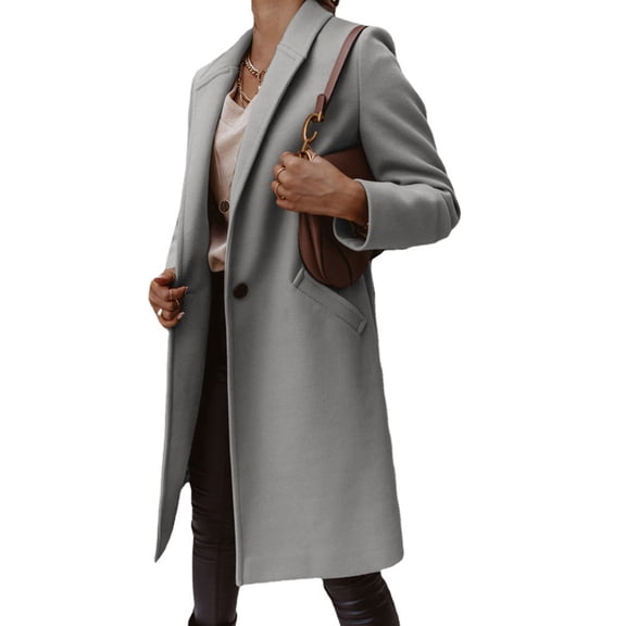 Women'S Pea Coat Lapel Single Button Windbreaker Loose Casual Mid-Length Jacket Fall Winter Coat Light Gray XL