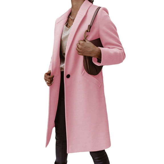 Women'S Pea Coat Lapel Single Button Windbreaker Loose Casual Mid-Length Jacket Fall Winter Coat Pink L