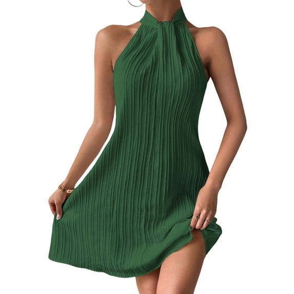 Women'S Pearl Beaded Halter Twist Sleeveless Pleats Dress A Line Short Dress Green M