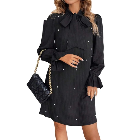 Women'S Pearl Beaded Tie Neck Long Sleeve Casual Work Short Dress