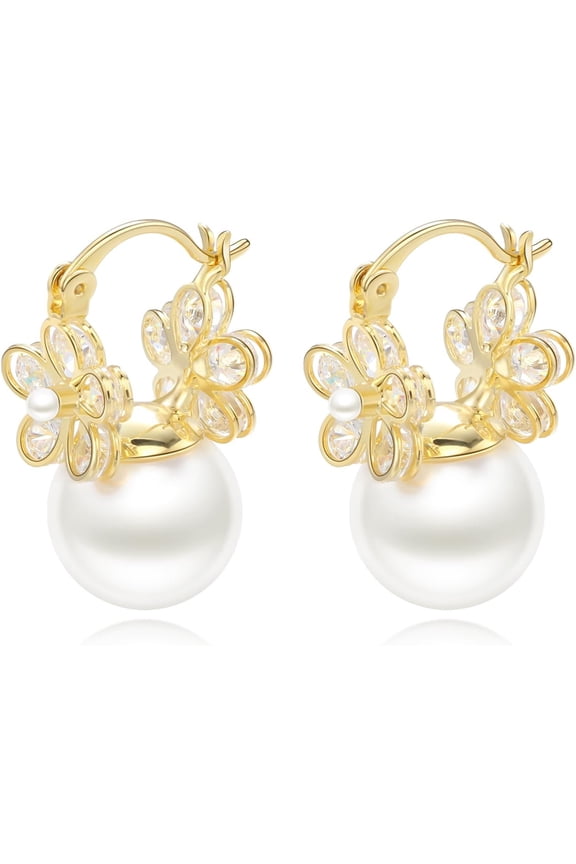 Women'S Pearl Dangle Earrings With Gold Hoop Multiple Styles, Simple Different Shape Infinite Large Small Bow Flower With Cubic Zirconia.[Z1]