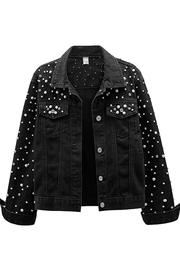 Women'S Pearl Denim Jacket Cropped Rhinestones Jean Jacket Coat Black XXL