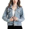 thumbnail image 1 of Women'S Pearl Denim Jacket Cropped Rhinestones Jean Jacket Coat Light Blue M, 1 of 8