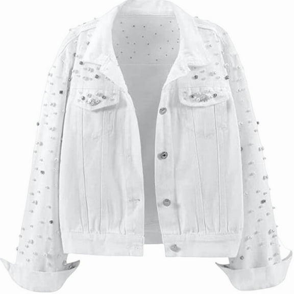 Women'S Pearl Denim Jacket Cropped Rhinestones Jean Jacket Coat White M