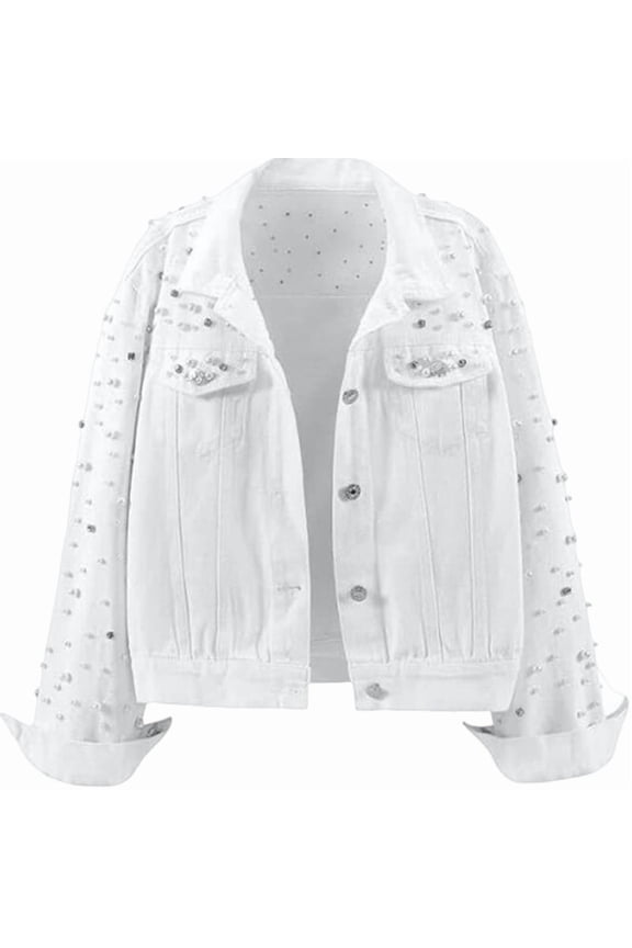 Women'S Pearl Denim Jacket Cropped Rhinestones Jean Jacket Coat White M