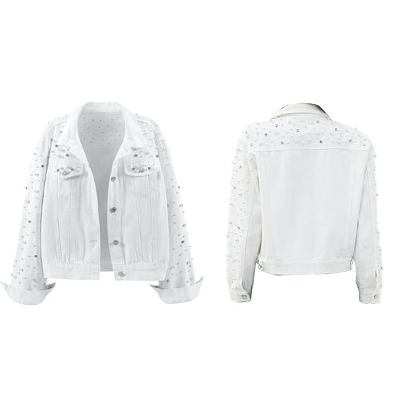 Women'S Pearl Denim Jacket Cropped Rhinestones Jean Jacket Coat White M