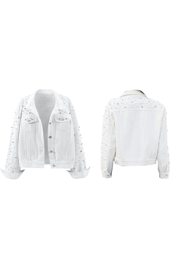 Women'S Pearl Denim Jacket Cropped Rhinestones Jean Jacket Coat White M