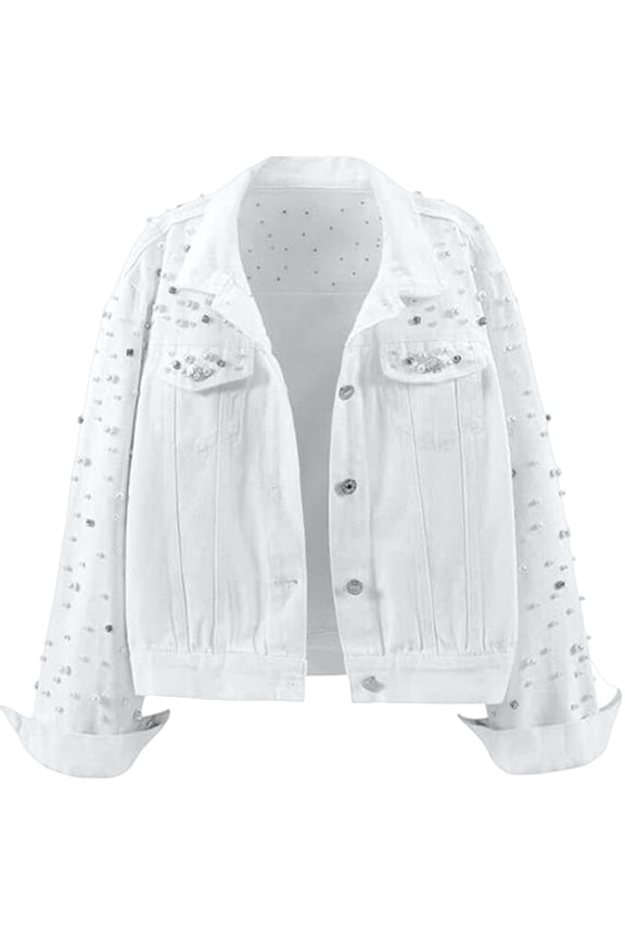 Women'S Pearl Denim Jacket Cropped Rhinestones Jean Jacket Coat White M