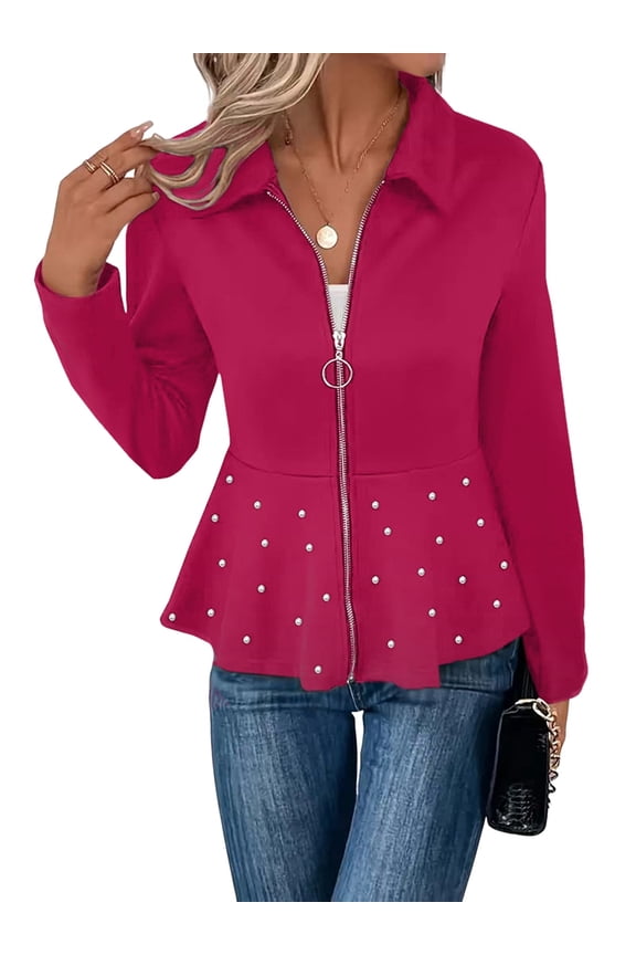 Women'S Pearl Trim Blazer Open Front Long Sleeve Shawl Collar Elegant Suits Jackets Rose Red XL