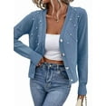 thumbnail image 1 of Women'S Pearl Trimmed Button Up Cardigan, Fashionable and Versatile Knitted V-Neck Long Sleeved Sweater Blue XL, 1 of 8