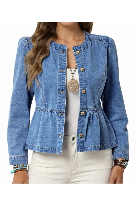 Women'S Peplum Denim Jackets Collarless Round Neck Button Down Cropped Ruffle Hem Jacket Blue S