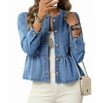 thumbnail image 1 of Women'S Peplum Denim Jackets Collarless Round Neck Button Down Cropped Ruffle Hem Jacket Blue XL, 1 of 8