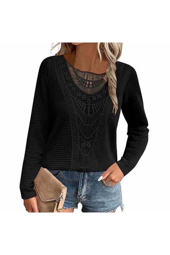 Women'S Pineapple Lace Stitching Top T-Shirt Solid Color Long Sleeve Round Neck Pullover Casual Top Black M