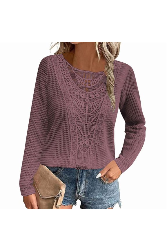 Women'S Pineapple Lace Stitching Top T-Shirt Solid Color Long Sleeve Round Neck Pullover Casual Top Purple Red M