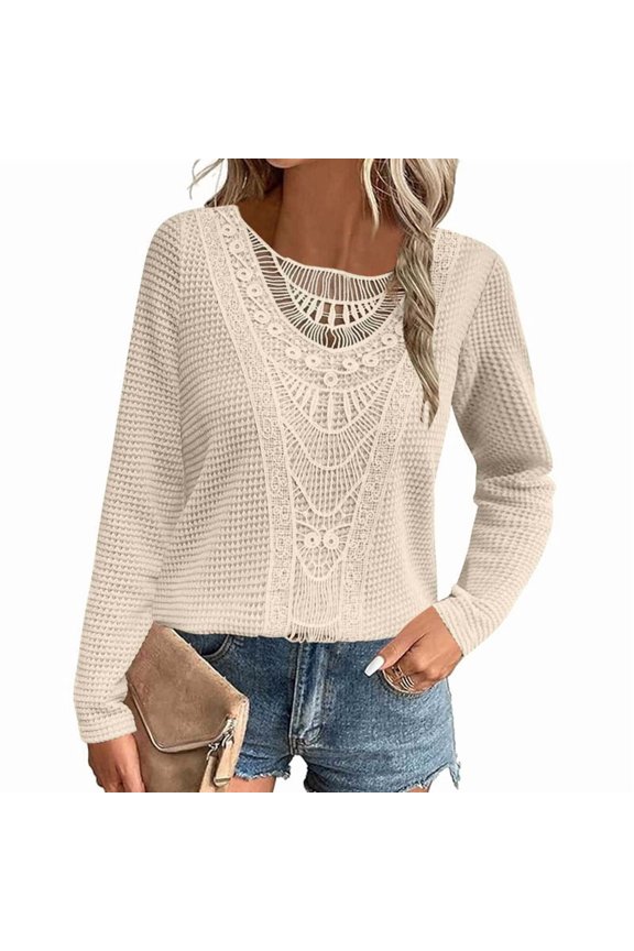 Women'S Pineapple Lace Stitching Top T-Shirt Solid Color Long Sleeve Round Neck Pullover Casual Top S