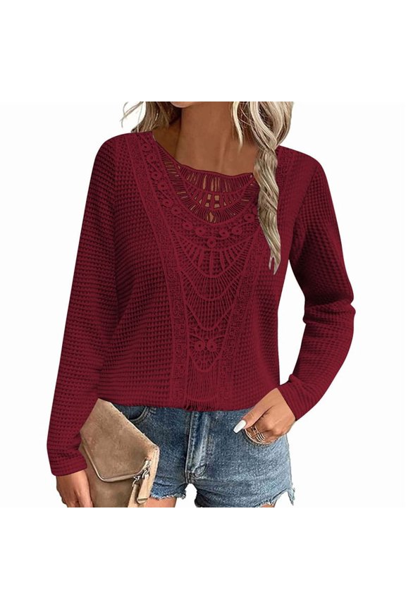 Women'S Pineapple Lace Stitching Top T-Shirt Solid Color Long Sleeve Round Neck Pullover Casual Top Wine Red M