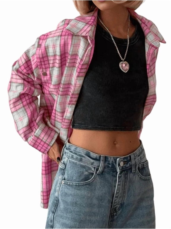 Women'S Pink Button-Down Shirt Long Sleeve Plaid Shirt Business Casual Detachable Long Sleeve Lapel Shirt Top Pink L