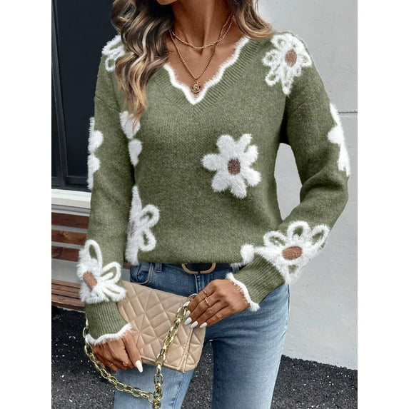 Women'S Pink V-Neck Floral Sweater with White Daisy & Brown Center Design - Long Sleeve, Ribbed Cuffs, Casual Style, Perfect for Spring/Fall, Casual Wear|Floral Pattern Top|Ribbed Cuffs