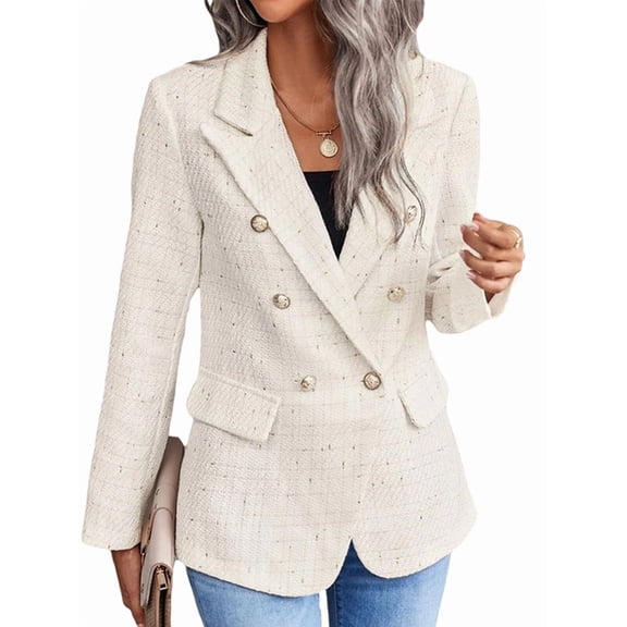 Women'S Plaid Blazer Jacket Warm Fully Lined Business Casual Elegant Coat with Pockets Cream White M