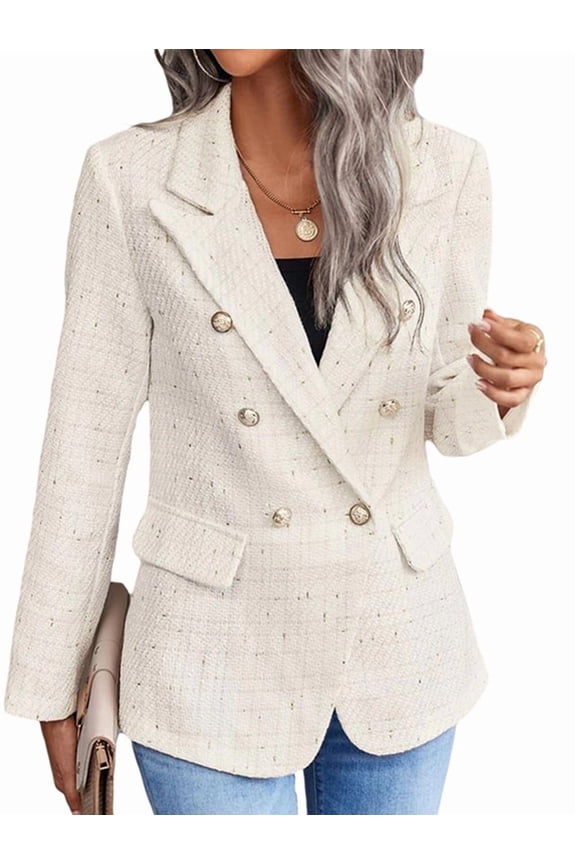 Women'S Plaid Blazer Jacket Warm Fully Lined Business Casual Elegant Coat with Pockets Cream White XXL