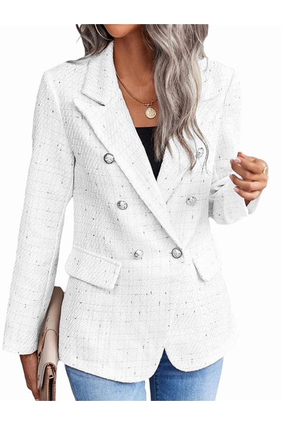 Women'S Plaid Blazer Jacket Warm Fully Lined Business Casual Elegant Coat with Pockets White L