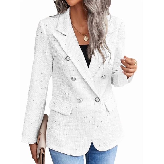 Women'S Plaid Blazer Jacket Warm Fully Lined Business Casual Elegant Coat with Pockets White M