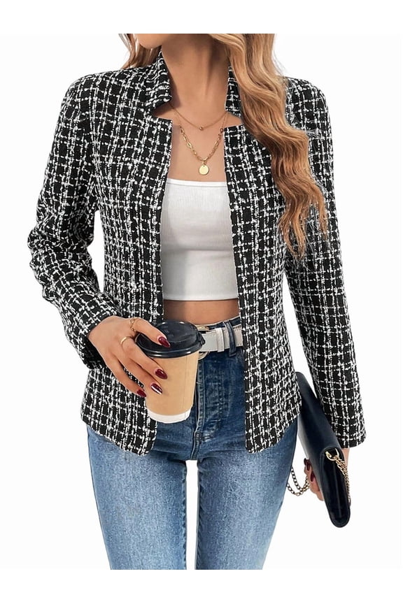 Women'S Plaid Blazer Jacket Warm Open Front Stand Collar Fully Lined Casual Fashion Work Coat Black & White XL