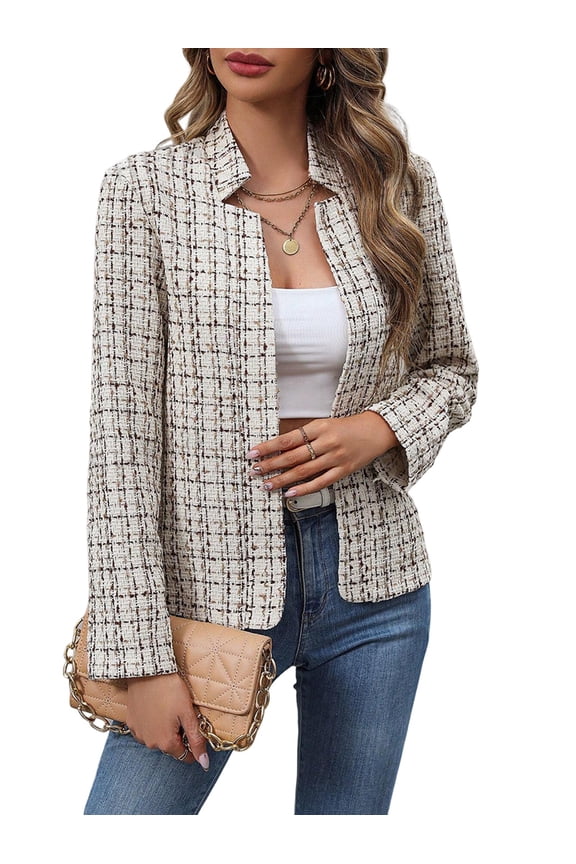 Women'S Plaid Blazer Jacket Warm Open Front Stand Collar Fully Lined Casual Fashion Work Coat Coffee S