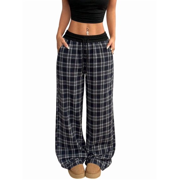Women'S Plaid Checkered Pants Flannel Pajama Pants Lounge Wide Leg Baggy Sweatpants with Pockets Navy Blue S