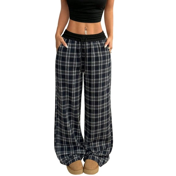 Women'S Plaid Checkered Pants Flannel Pajama Pants Lounge Wide Leg Baggy Sweatpants with Pockets Navy Blue XL