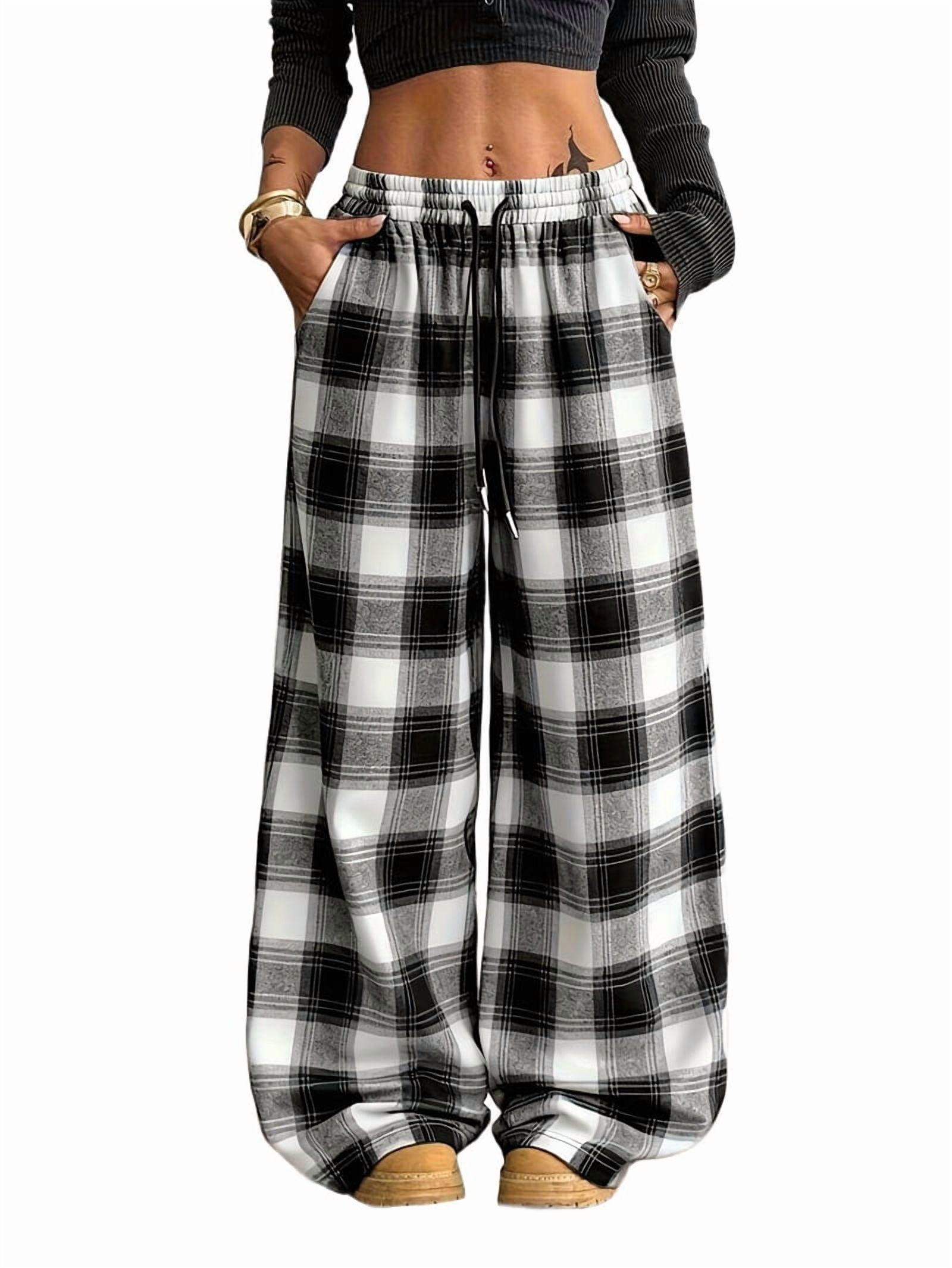 Women'S Plaid Checkered Pants Flannel Sweatpants Lounge Wide Leg