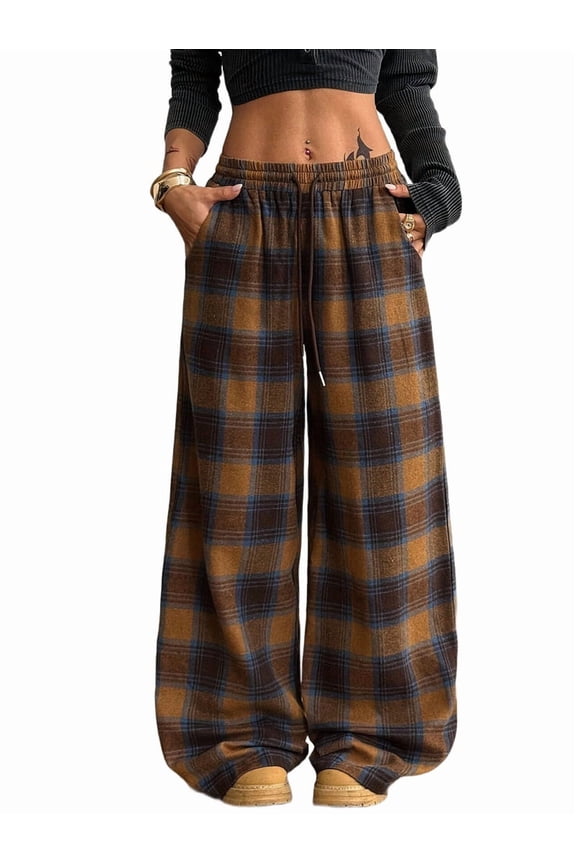 Women'S Plaid Checkered Pants Flannel Sweatpants Lounge Wide Leg Baggy Sweatpants with Pockets Dark Brown M