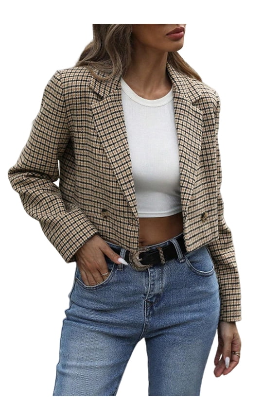 Women'S Plaid Cropped Blazer Casual Lapel Collar Long Sleeve Double Breasted Vintage Suit Jacket Camel Color S
