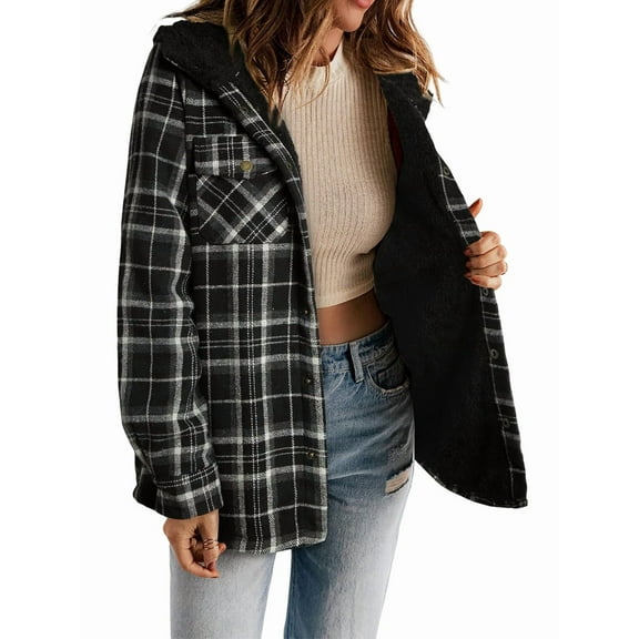Women'S Plaid Jacket Long Sleeve Button Down Fleece Hooded Jackets Warm Coat Black Checkered L