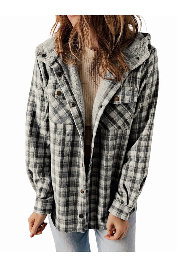 Women'S Plaid Jacket Long Sleeve Button Down Fleece Hooded Jackets Warm Coat Gray Checkered L