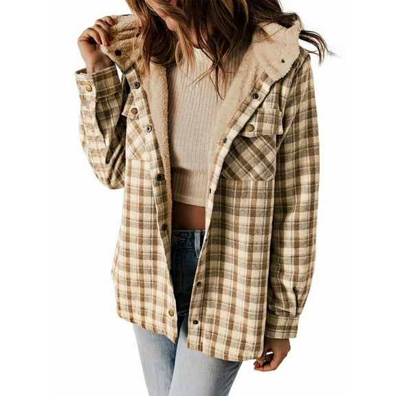 Women'S Plaid Jacket Long Sleeve Button Down Fleece Hooded Jackets Warm Coat Khaki Checkered L