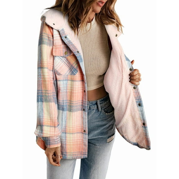 Women'S Plaid Jacket Long Sleeve Button Down Fleece Hooded Jackets Warm Coat Pink Checkered L