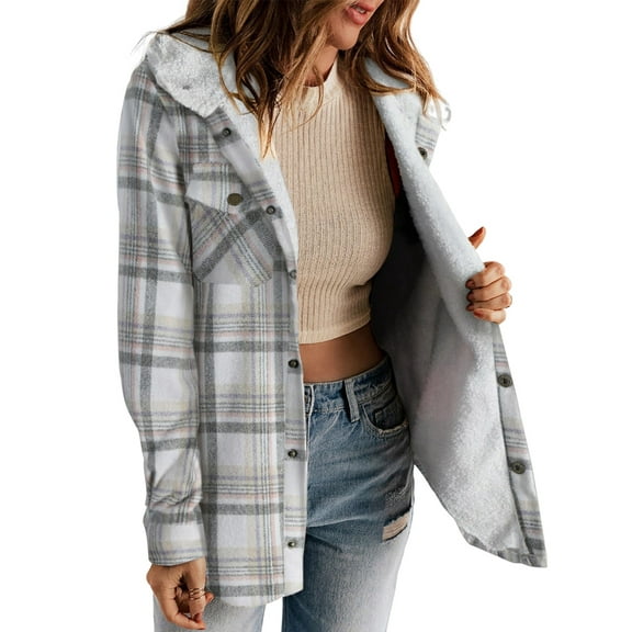Women'S Plaid Jacket Long Sleeve Button Down Fleece Hooded Jackets Warm Coat White Checkered L
