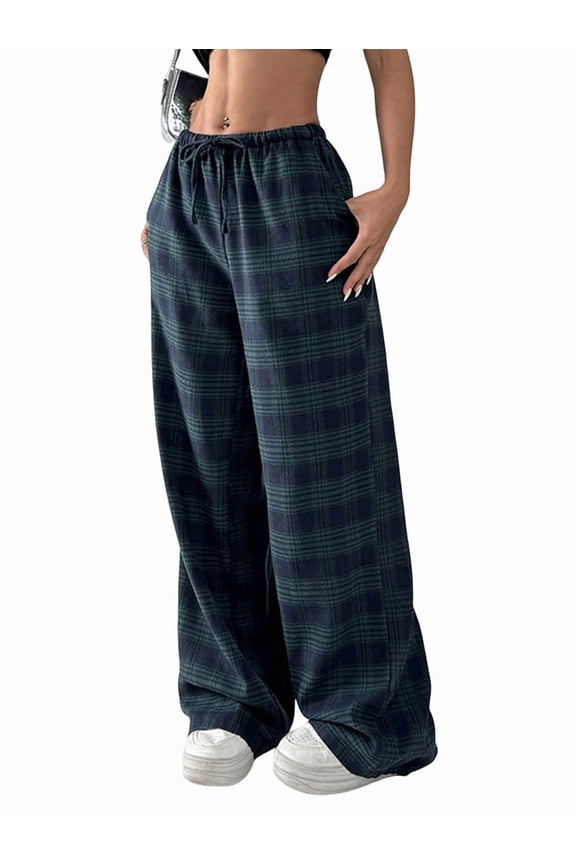 Women'S Plaid Leopard Print Straight Leg Pants Elastic Waist Y2K Trousers Bottoms with Pockets Blue&Green Grid S
