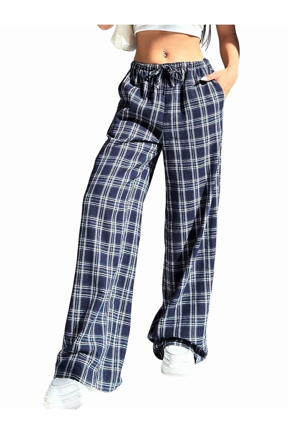 Women'S Plaid Leopard Print Straight Leg Pants Elastic Waist Y2K Trousers Bottoms with Pockets Blue&White Grid L