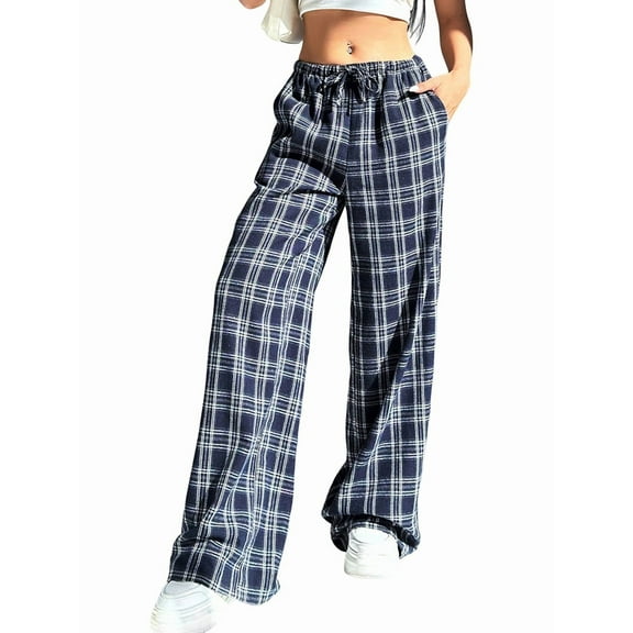 Women'S Plaid Leopard Print Straight Leg Pants Elastic Waist Y2K Trousers Bottoms with Pockets Blue&White Grid M