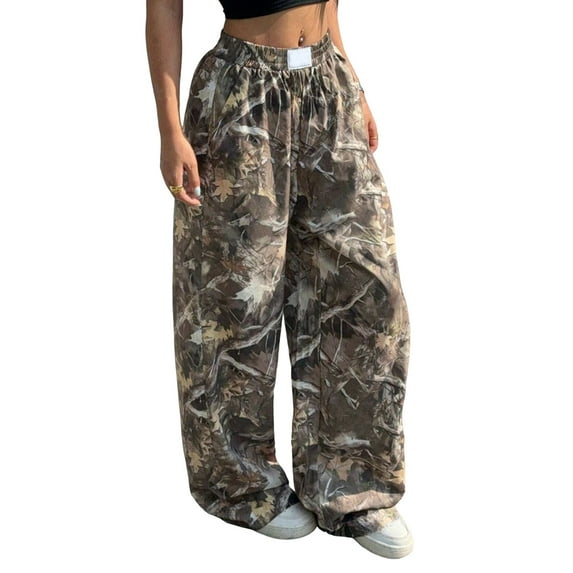Women'S Plaid Leopard Print Straight Leg Pants Elastic Waist Y2K Trousers Bottoms with Pockets Branch Pattern 1 M