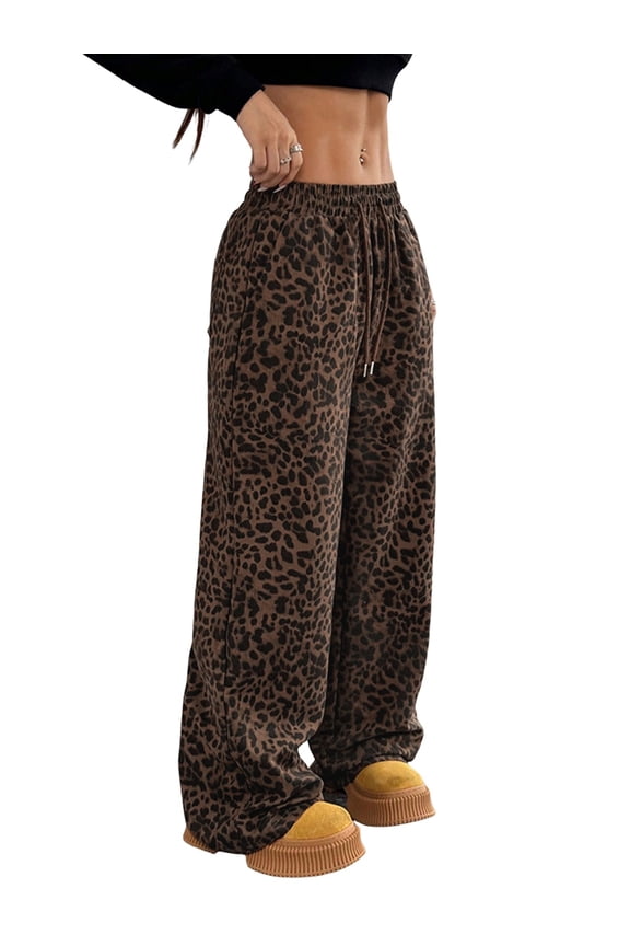 Women'S Plaid Leopard Print Straight Leg Pants Elastic Waist Y2K Trousers Bottoms with Pockets Deep Leopard S