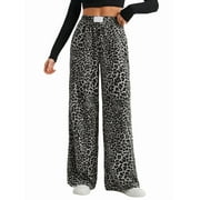 UNBRANDED Women'S Plaid Leopard Print Straight Leg Pants Elastic Waist Y2K Trousers Bottoms with Pockets Leopard Black M