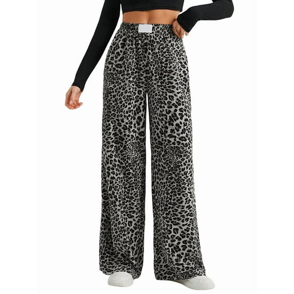 Women'S Plaid Leopard Print Straight Leg Pants Elastic Waist Y2K Trousers Bottoms with Pockets Leopard Black S